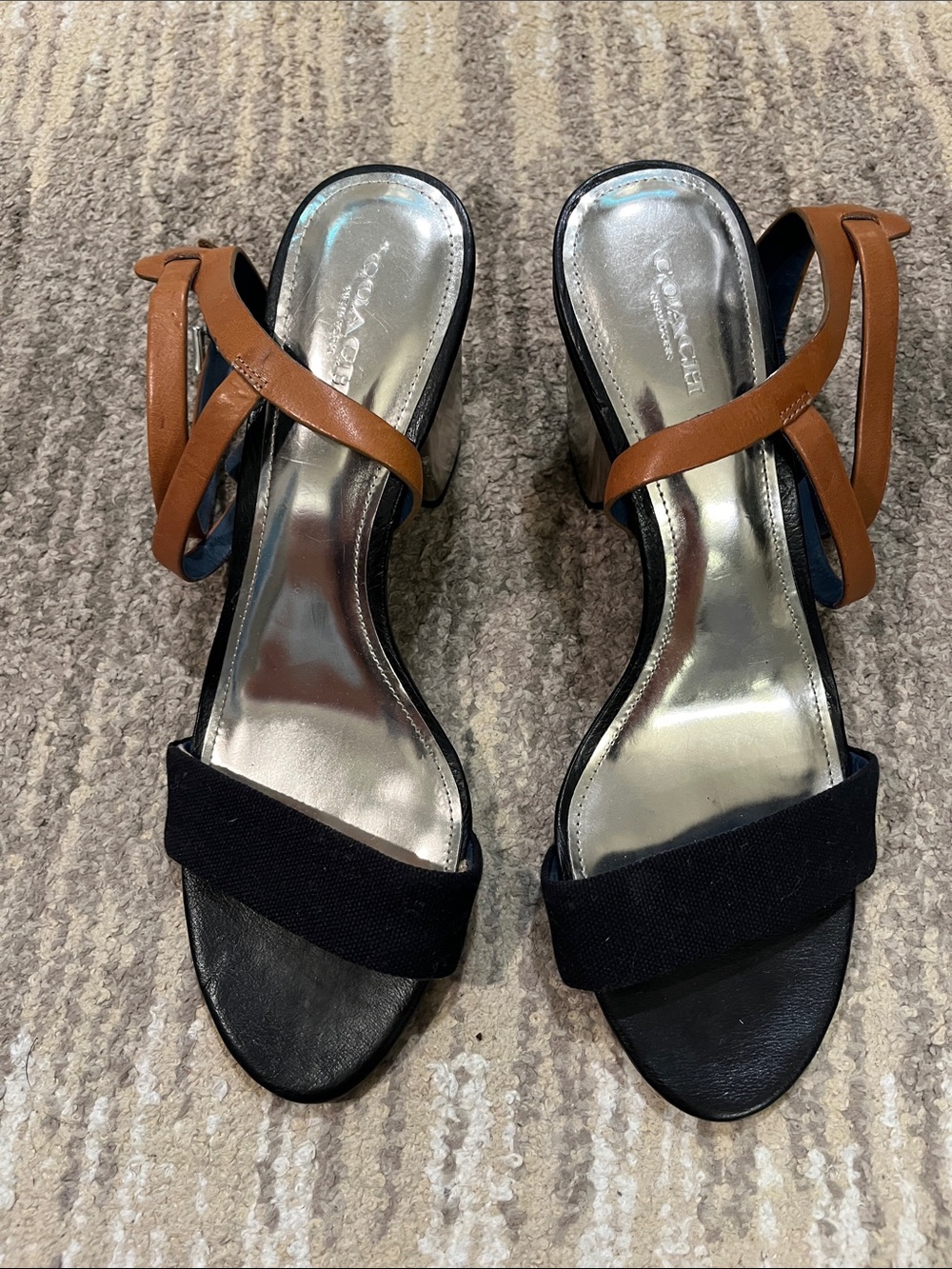 Coach Black and Brown Open-Toe Heeled Sandals